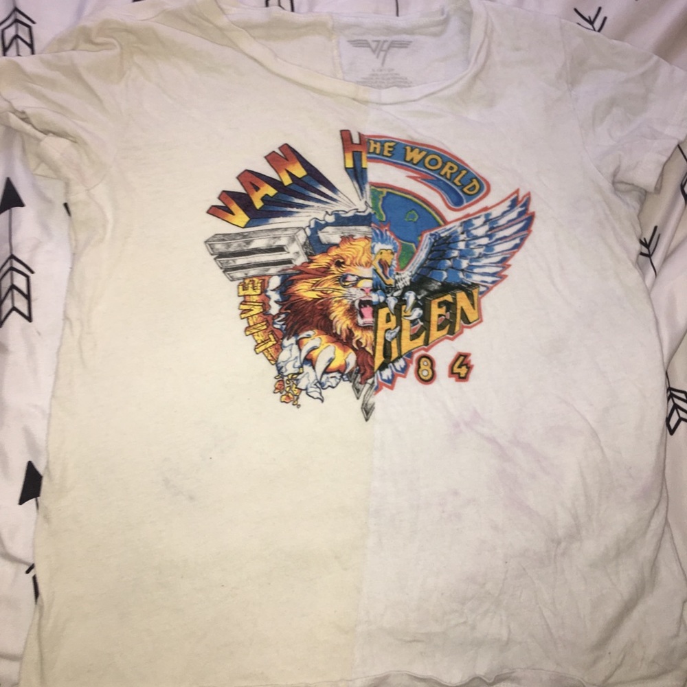 cream and white Van Halen shirt
